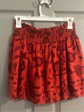 by Anthropologie Red Orange Motif Floral Smocked Mini Skirt Vacation Travel Airy